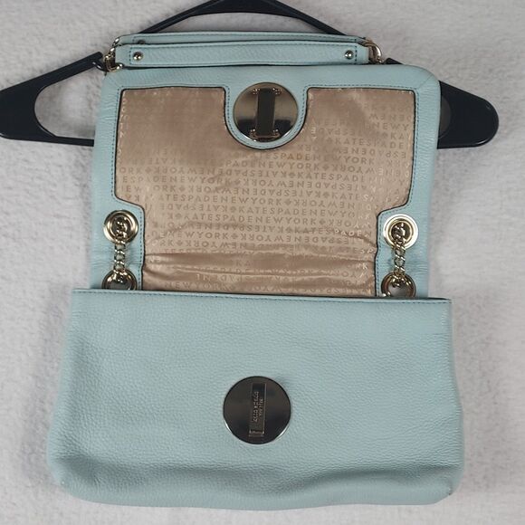 Kate Spade Quilted Pebbled Leather Turnlock Shoulder Bag Blue Gold Chain - Picture 3 of 16